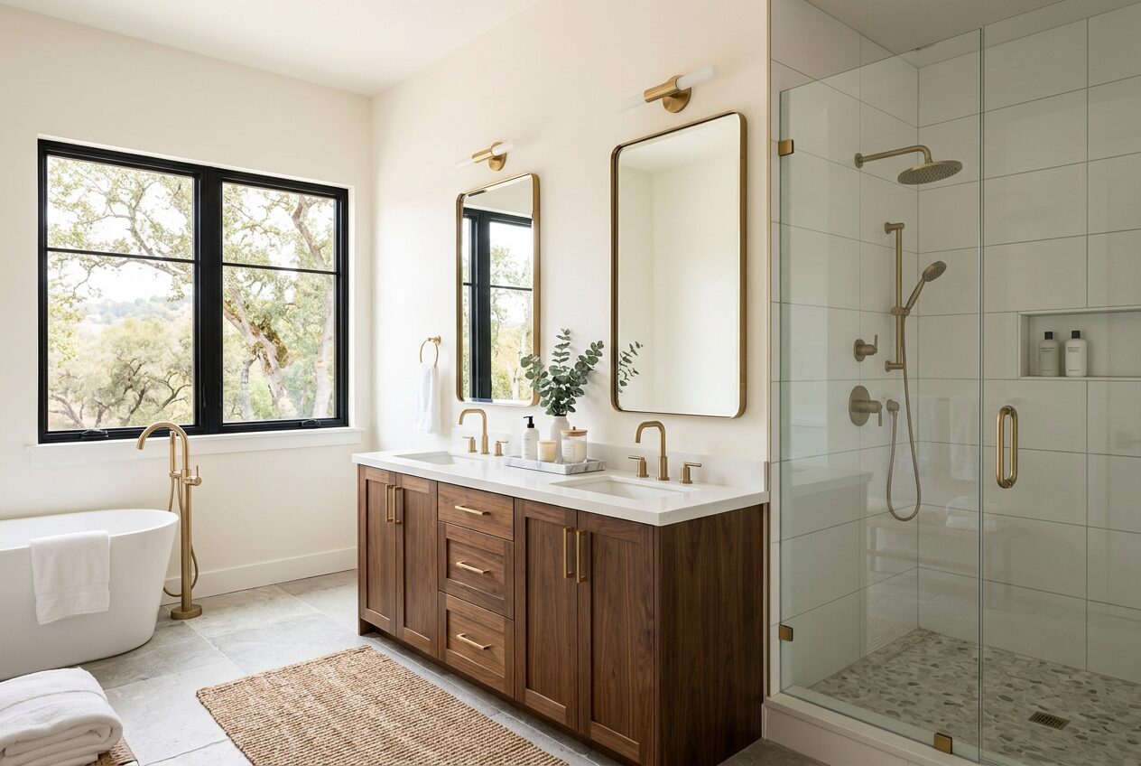 Modern Spa Retreat — Floating Wood Vanity • Vessel Sinks