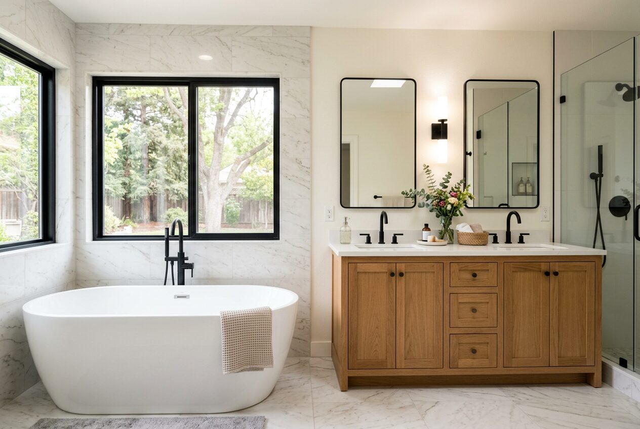 Classic Transitional Bath — White Shaker • Subway Tile