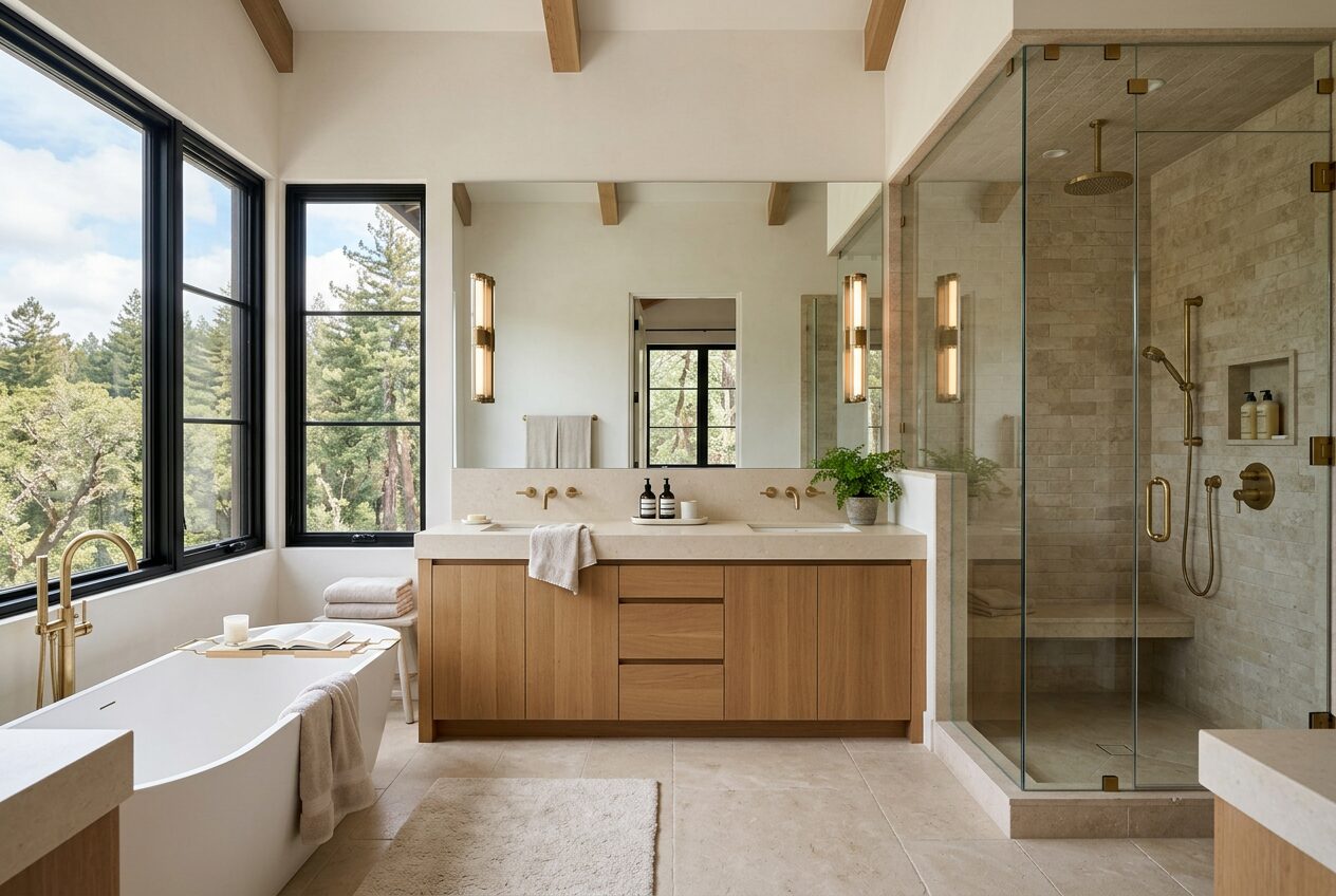 Moody Hotel-Style Bath — Navy & Brass • Marble Shower