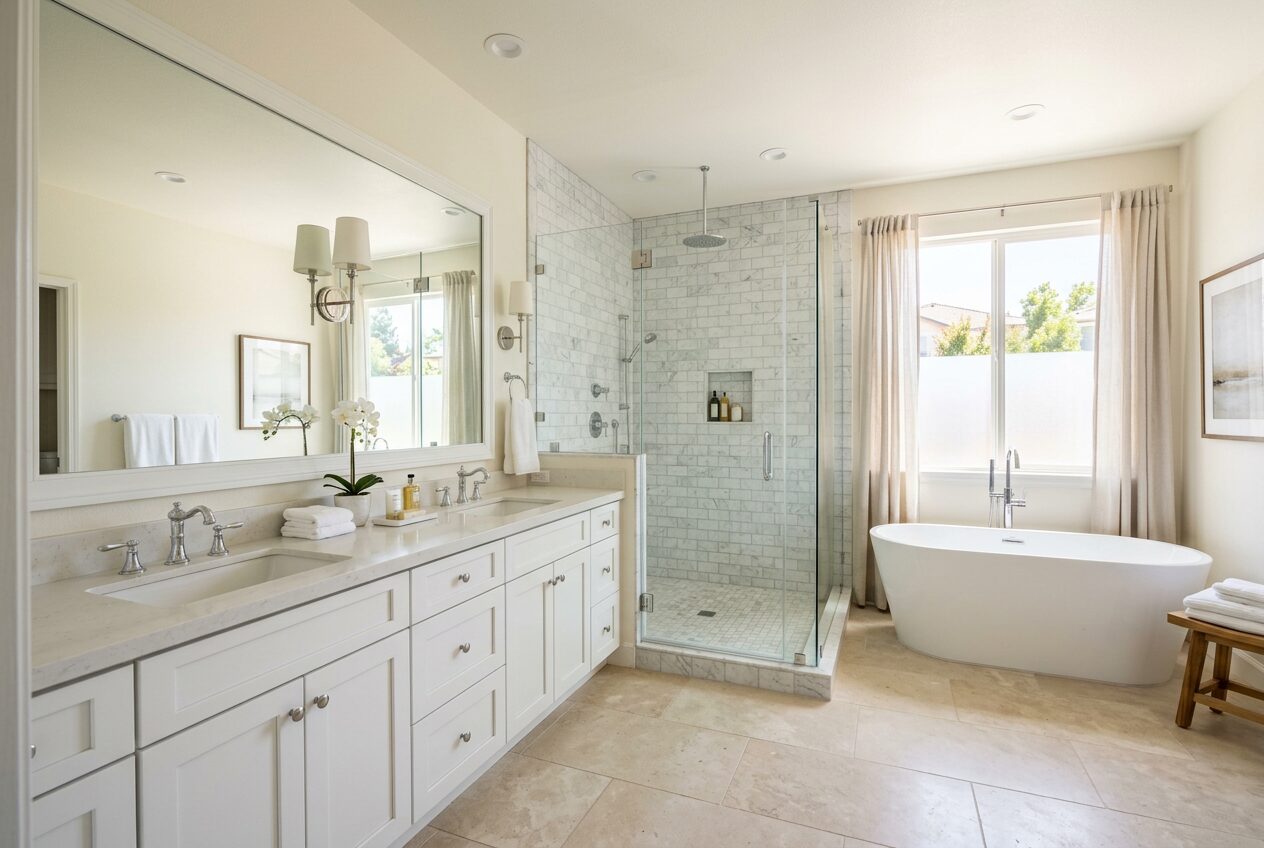 Statement Powder Room — Bold Wallpaper • Brass Pedestal