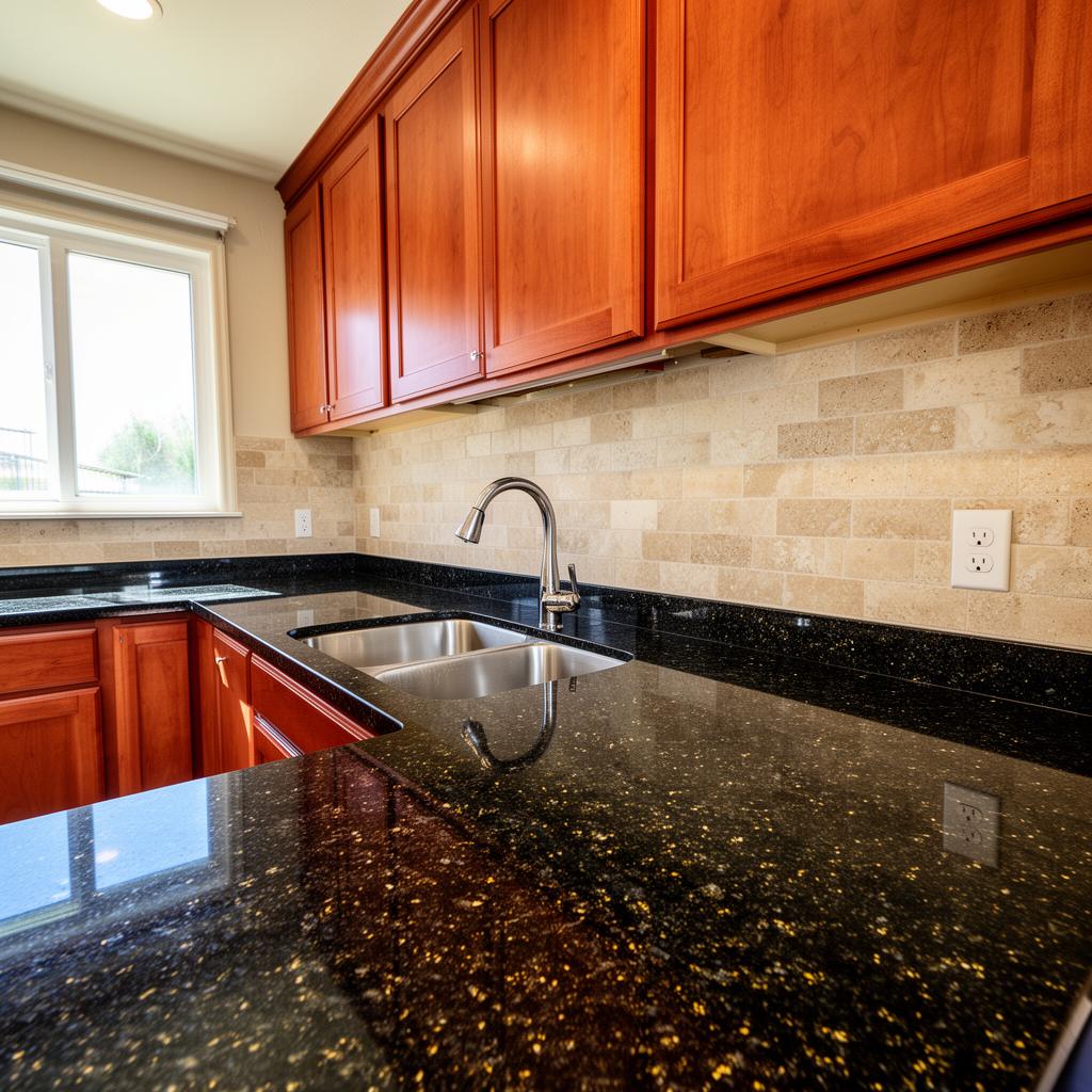 Black Galaxy Granite — Polished Slab • Gold Flecks installed by USA Home Improvement in Sacramento, CA