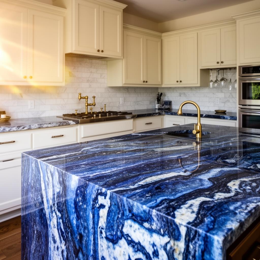 Blue Bahia Granite — Exotic Slab • Statement Island installed by USA Home Improvement in Sacramento, CA