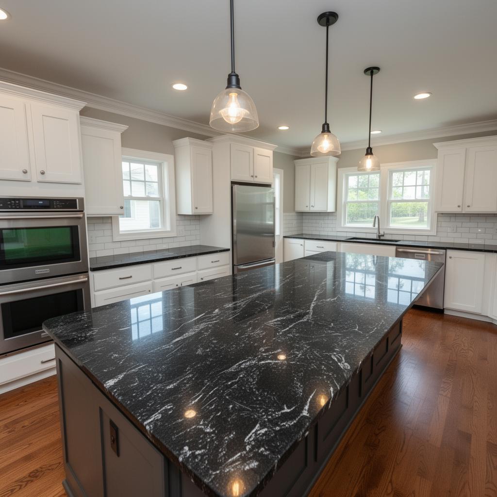 Leathered Black Granite Island — Granite • White Shaker Cabinets