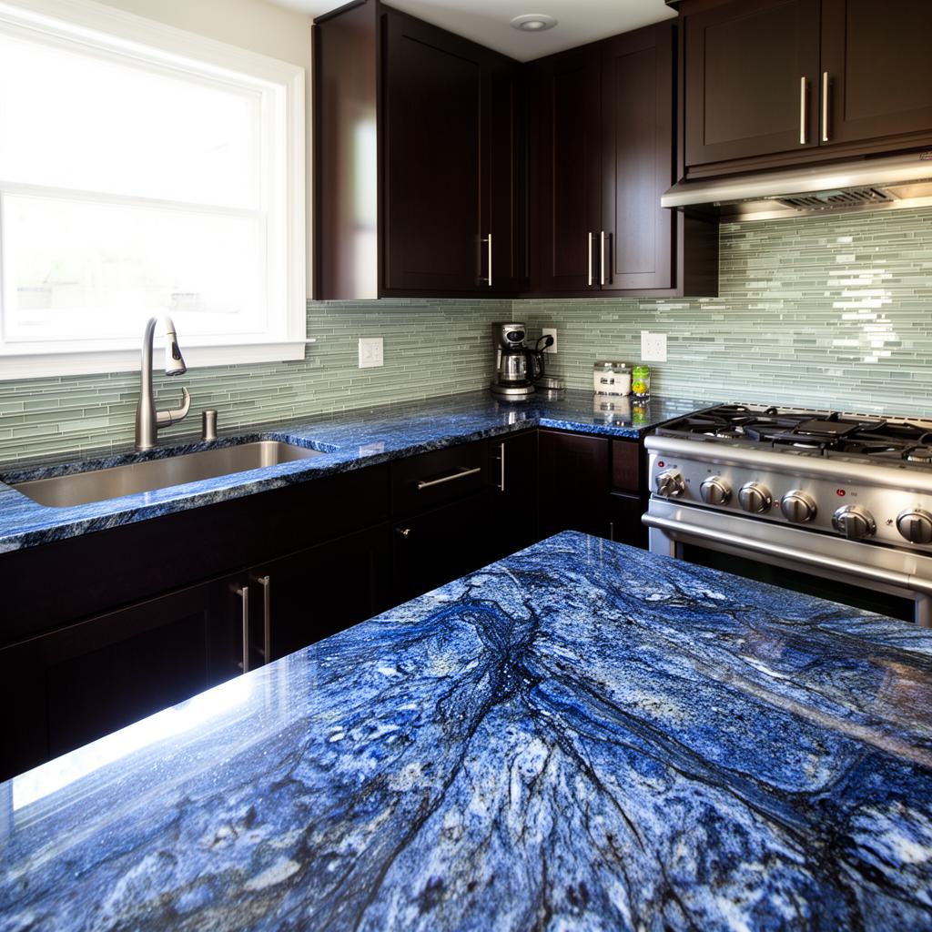 Brazilian Blue Granite Showpiece — Exotic Granite • Espresso Cabinets