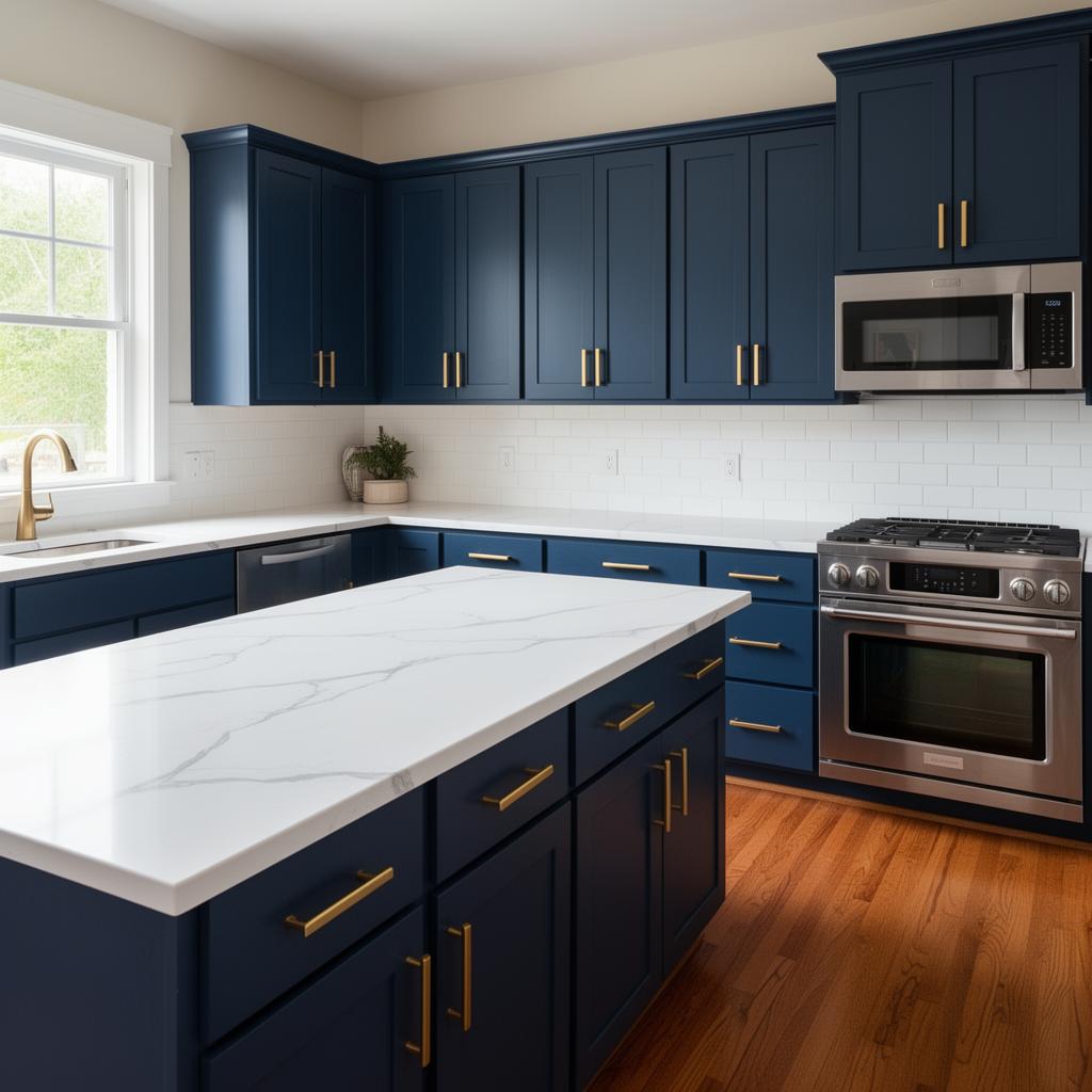 Modern Marble-Look Formica — Formica 180fx Laminate • Navy Cabinets