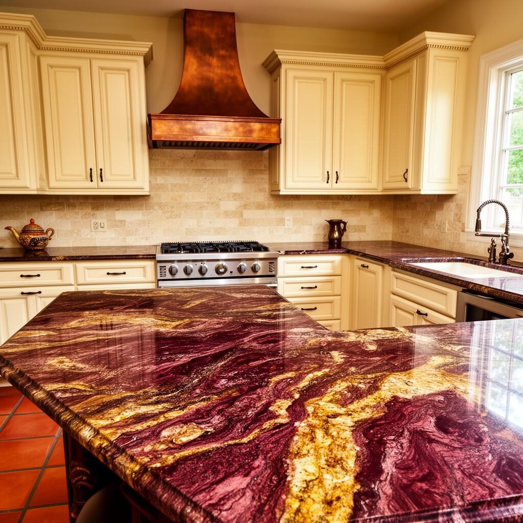 Typhoon Bordeaux Granite — Exotic Granite • Glazed Cream Cabinets