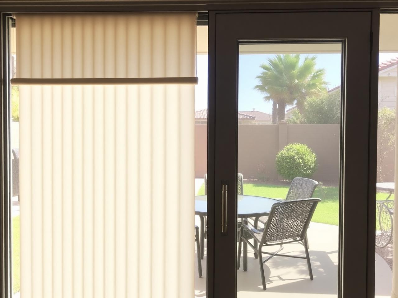 Hunter Douglas Luminette® Privacy Sheers — Vertical Sheer Vanes • Patio Door installed by USA Home Improvement in Citrus Heights, CA (Sacramento area)