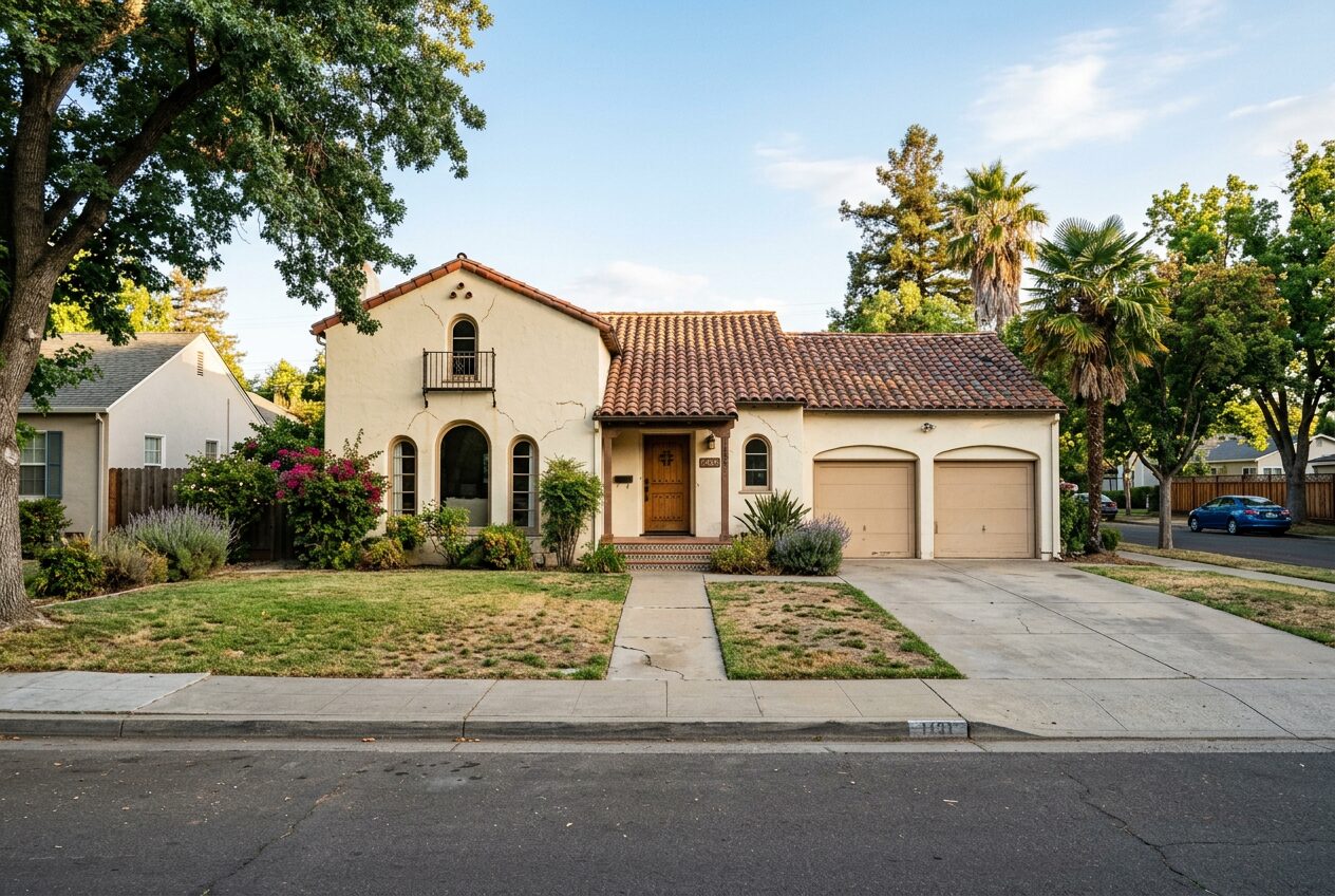 Spanish Colonial Revival luxury home in Sacramento California with an authentic red clay barrel tile roof, white stucco walls, arched windows with wrought iron, and manicured landscaping