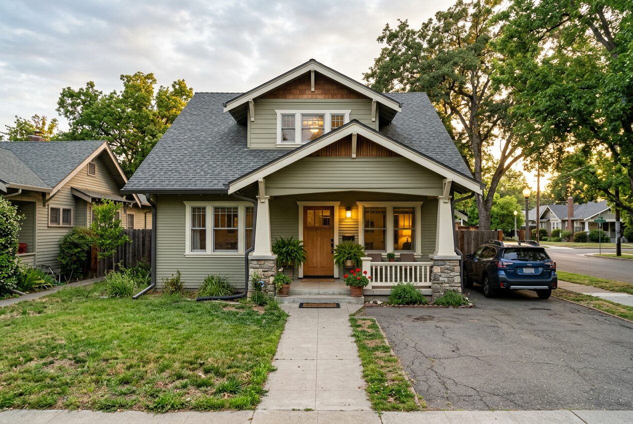 Modern craftsman luxury home in Sacramento California with a newly installed charcoal grey architectural composition asphalt shingle roof, stone veneer, and board-and-batten siding