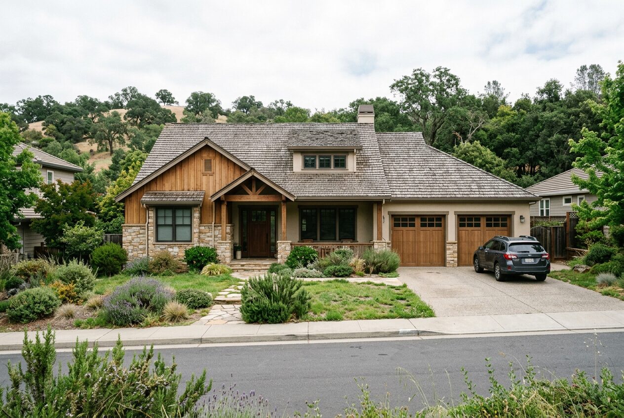 Beautiful luxury craftsman home in El Dorado Hills California with a freshly installed hand-split cedar shake wood shingle roof, stone and stucco exterior, and Sierra foothills in the background