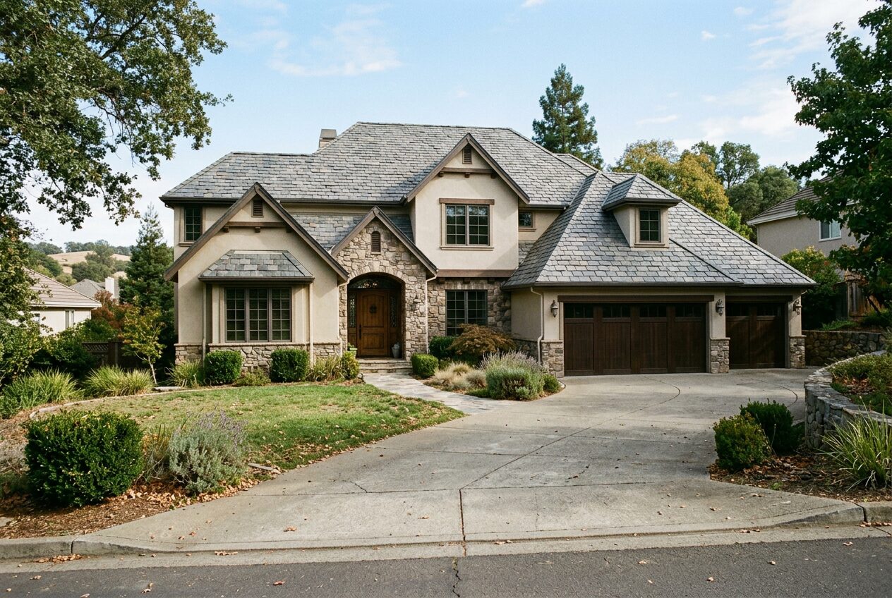 Upscale European style luxury estate home in El Dorado Hills California with a natural grey-blue slate roof, multiple gables and dormers, stone facade, and oak-covered hillsides