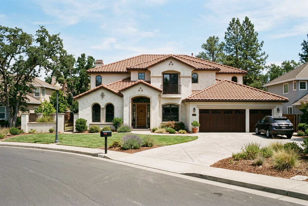 Stunning Mediterranean style luxury home in Granite Bay California with a brand new terracotta concrete S-tile barrel roof, stucco exterior, and palm trees
