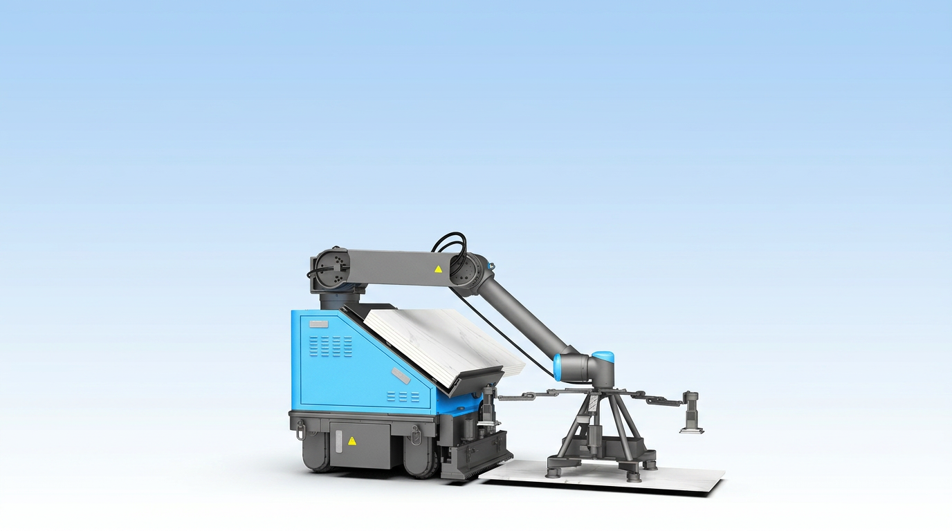 Autonomous floor tile paving robot laying large-format porcelain tile on a commercial jobsite