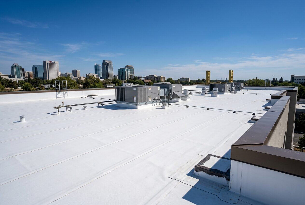 White TPO single-ply membrane roof installed on a downtown Sacramento California commercial office tower with skyline visible in background