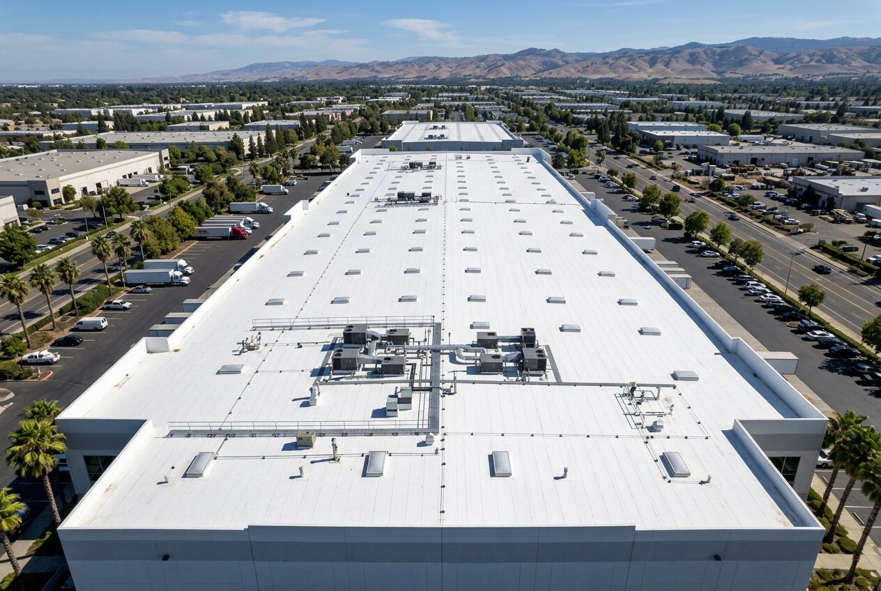 Aerial drone view of a large Sacramento California industrial warehouse with brand new white TPO commercial roof, HVAC units, and Northern California foothills in the distance