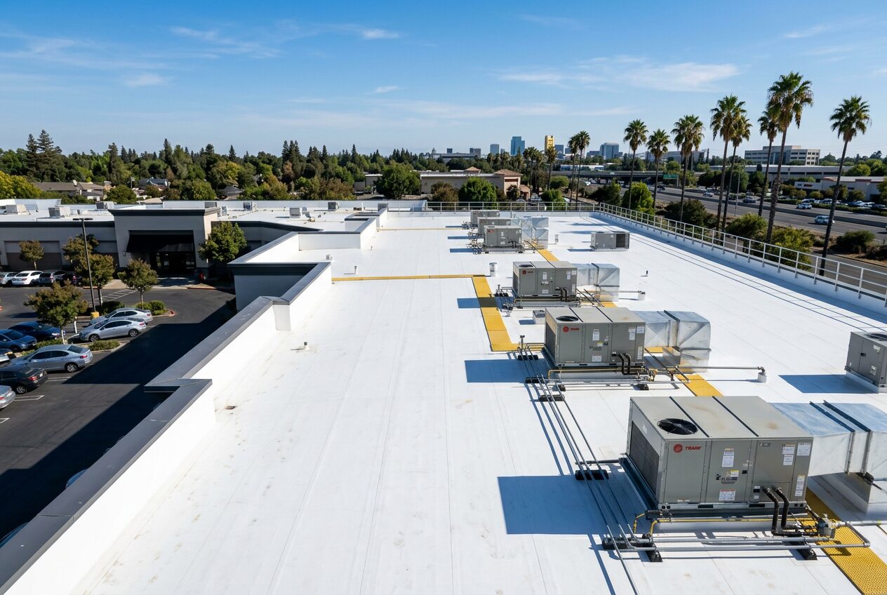 Finished white TPO commercial roof on a Sacramento California retail shopping center with rooftop HVAC packages, custom edge metal coping, and palm trees in background